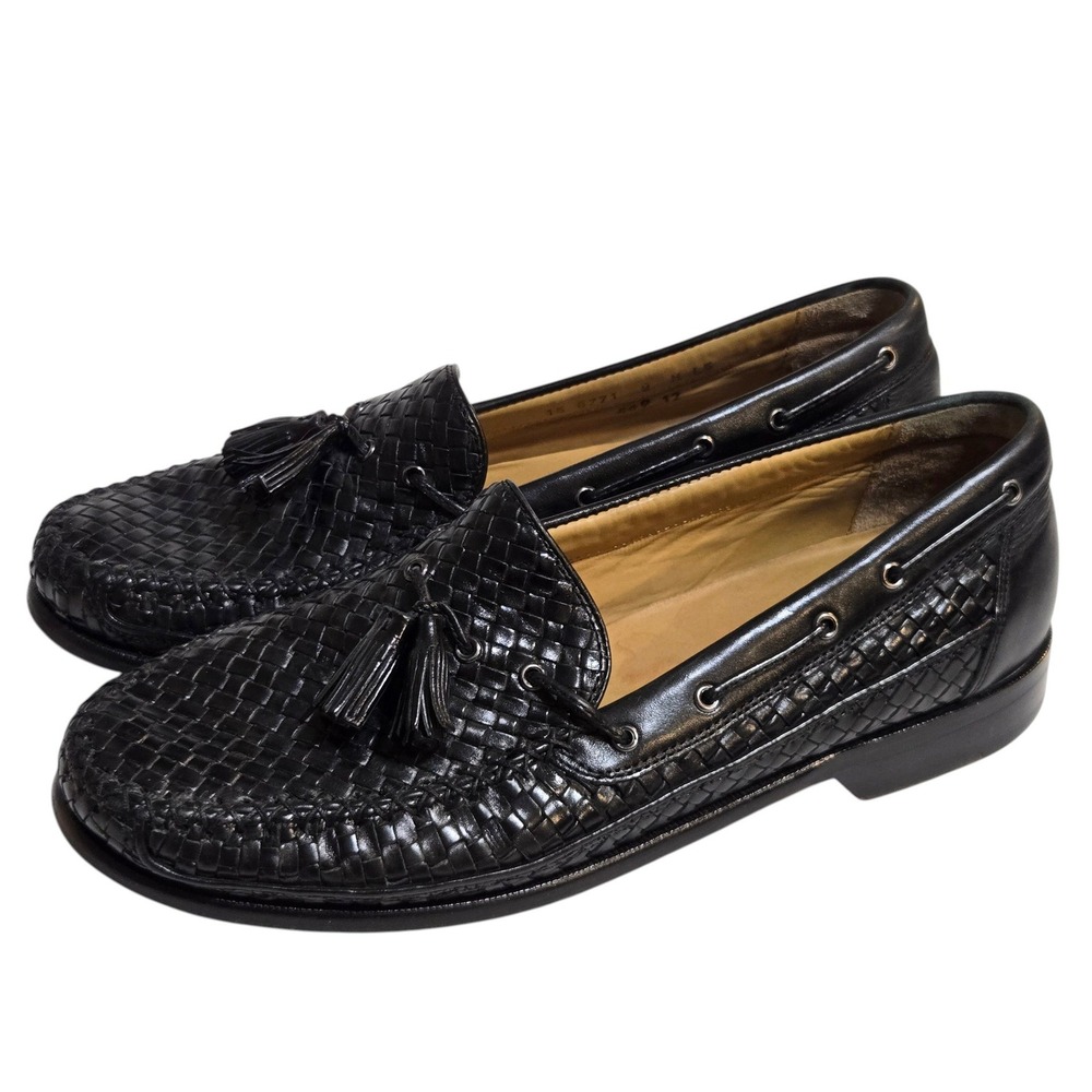 Johnston & Murphy Tassel Loafers Mens 9 M Black Woven Leather Office Moc Toe